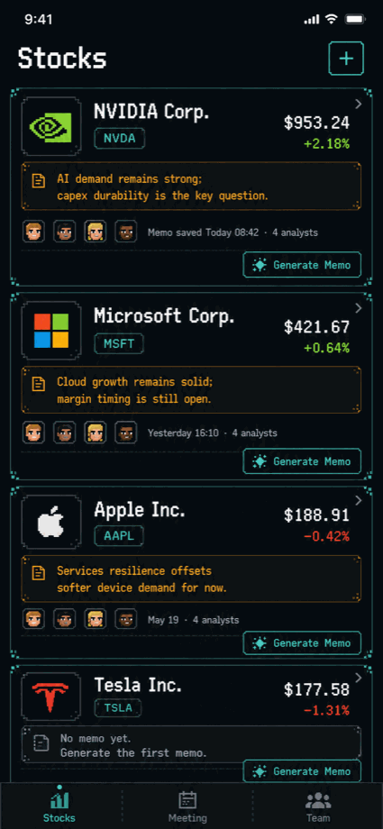 DeskMemo Stocks screen showing saved stock memos