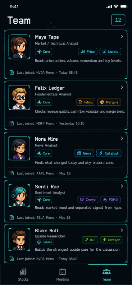 DeskMemo Team screen showing AI analyst roles